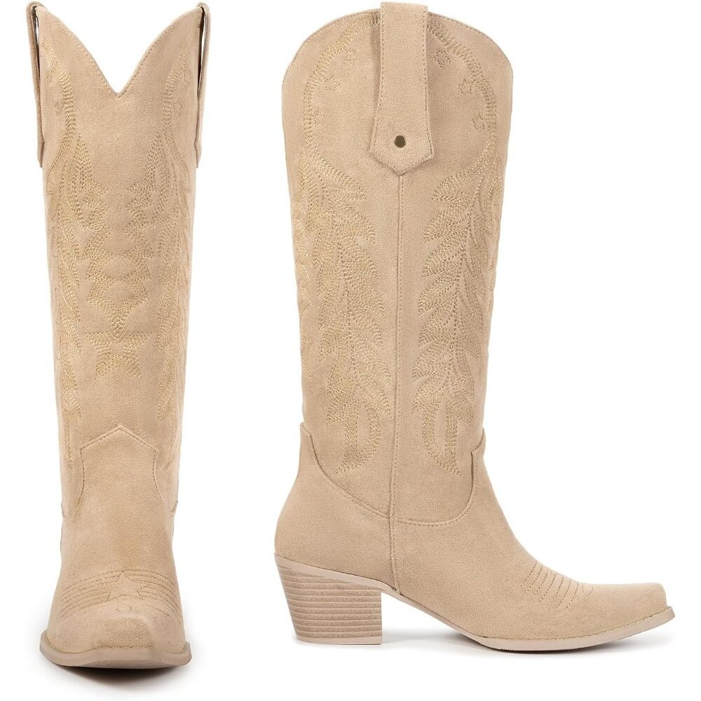 Women Apricot Knee High Cowgirl Boots Retro Embroidered Chunky Heels Pointed - Picture 4 of 6